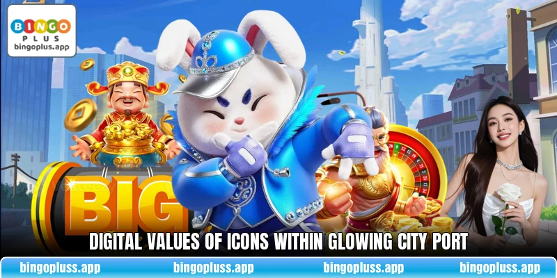 Digital values of icons within glowing city port